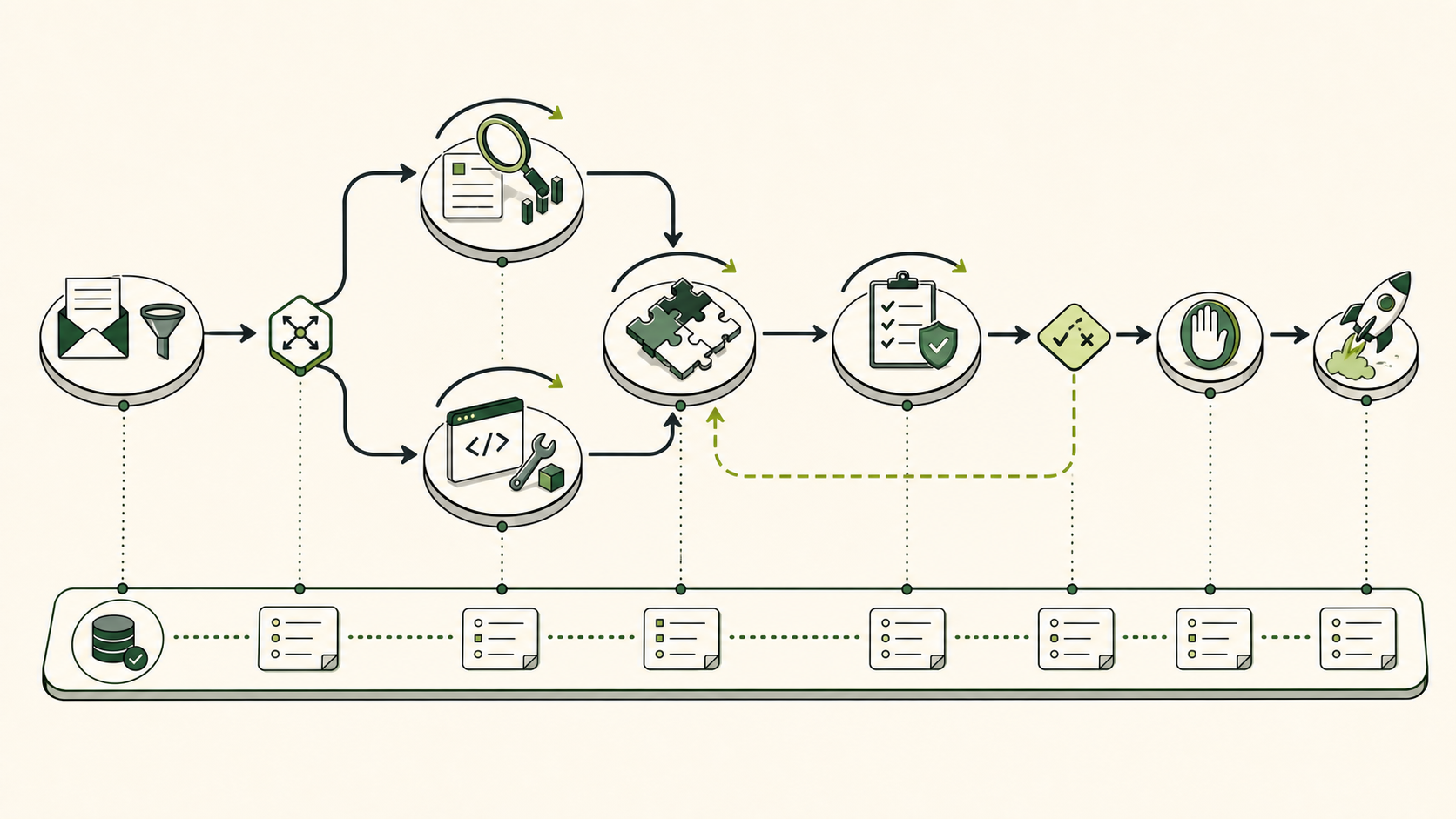 An original illustration of an AI agent execution graph: intake routes to parallel research and tool loops, results join for synthesis, verification can retry, human approval precedes shipping, and every node checkpoints shared state.